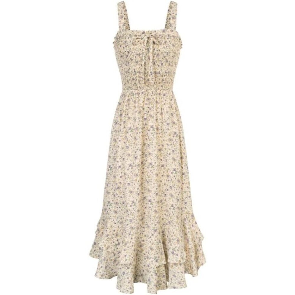 Women's Yellow Summer Floral Boho Dress Square Neck Long Maxi Dress
